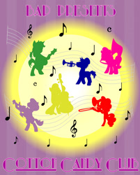 Size: 1024x1273 | Tagged: safe, artist:bitgamer, beauty brass, concerto, octavia melody, pinkie pie, pony, g4, 2013, big apple ponycon, cello, music notes, musical instrument, sousaphone, trombone, trumpet, violin