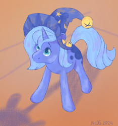 Size: 870x930 | Tagged: safe, artist:chervachok, princess luna, star swirl the bearded, pony, unicorn, g4, bell, cute, female, filly, filly luna, foal, hat, horn, lunabetes, race swap, shadow, solo, unicorn luna, woona, younger