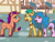 Size: 1800x1350 | Tagged: safe, artist:flutterluv, hitch trailblazer, izzy moonbow, sunny starscout, earth pony, pony, undead, unicorn, zombie, zombie pony, g5, atg 2024, female, horn, male, mane stripe sunny, mare, newbie artist training grounds, open mouth, open smile, ponyville, smiling, stallion, trio