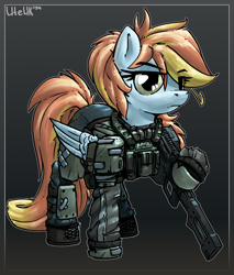 Size: 2236x2628 | Tagged: safe, artist:uteuk, oc, oc only, oc:wind east, pegasus, pony, armor, female, gradient background, gun, looking at you, mare, military, s.t.a.l.k.e.r., solo, stalcraft, stalker, weapon, wings