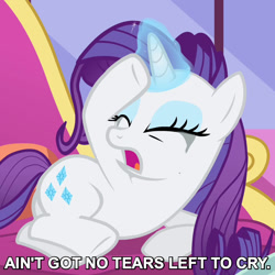 Size: 720x720 | Tagged: safe, edit, edited screencap, editor:jaredking779, screencap, rarity, pony, unicorn, g4, inspiration manifestation, season 4, ariana grande, caption, crying, eyes closed, eyeshadow, female, frown, horn, magic, makeup, mare, open mouth, reference, solo, teary eyes, telekinesis, text