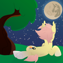 Size: 2500x2500 | Tagged: safe, artist:ponkus, oc, oc only, oc:ponkus, bat pony, pony, unicorn, female, horn, mare, mare in the moon, moon, night, solo, stars, tree