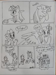 Size: 1080x1437 | Tagged: safe, artist:doodletheexpoodle, spike, twilight sparkle, alicorn, dragon, pony, comic:post blues, g4, comic, crying, dialogue, duo, duo male and female, female, grayscale, male, mare, monochrome, pencil drawing, sniffling, speech bubble, traditional art, twilight sparkle (alicorn), winged spike, wings