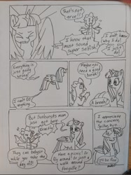 Size: 1080x1446 | Tagged: safe, artist:doodletheexpoodle, spike, twilight sparkle, alicorn, dragon, pony, comic:post blues, g4, comic, duo, duo male and female, female, floppy ears, grayscale, male, mare, monochrome, pencil drawing, postpartum depression, sweat, sweatdrop, traditional art, twilight sparkle (alicorn), winged spike, wings