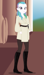 Size: 723x1233 | Tagged: safe, artist:mlpjediqui-gon, princess celestia, human, equestria girls, g4, boots, clothes, crossover, female, jedi, leather, master, moon, movie, qui-gon jinn, reference, scenerey, shoes, star wars, star wars: the phantom menace