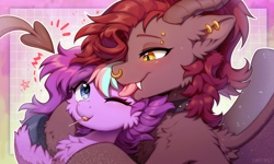 Size: 3000x1800 | Tagged: safe, artist:swaybat, oc, oc only, oc:sweet vibes, oc:whiskey dreams, blushing, candy, cheek fluff, chest fluff, duo, ear fluff, food, lollipop, one eye closed, tongue out