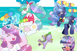 Size: 4142x2721 | Tagged: safe, artist:ruto_me, princess cadance, princess celestia, princess luna, spike, twilight sparkle, alicorn, dragon, pony, g4, alicorn tetrarchy, alternate hairstyle, angry, beach, blush lines, blush scribble, blushing, bra, bra strap, chest fluff, chromatic aberration, clothes, cross-popping veins, cute, cutedance, cutelestia, ear fluff, emanata, faceplant, female, food, laughing, levitation, lunabetes, magic, magic aura, male, mouth on side of face, nintendo switch, ocean, partially open wings, ponytail, popsicle, royal sisters, shirt, siblings, sisters, spikabetes, t-shirt, telekinesis, this means war, twiabetes, twilight sparkle (alicorn), underwear, water, watergun, wet, wet mane, wings