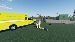 Size: 1858x1057 | Tagged: safe, fluttershy, human, pegasus, pony, g4, 3d, ambulance, bow, destruction, female, game screencap, hair bow, house, long legs, roblox, solo, trio, trio female, twisted (game), vehicle