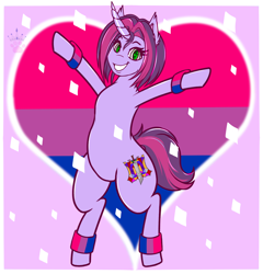 Size: 1200x1250 | Tagged: safe, alternate character, alternate version, artist:queenkittyok, oc, oc only, oc:twilight garrison, pony, unicorn, bipedal, bisexual pride flag, commission, female, heart, heart background, horn, mare, not cayenne, not twilight sparkle, photo, pride, pride flag, pride month, solo, ych result