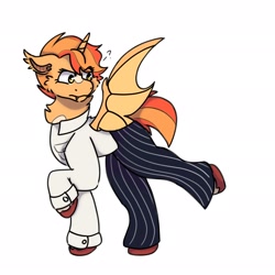 Size: 2048x2048 | Tagged: safe, artist:sunnysurefire, oc, oc only, oc:sunny surefire, alicorn, bat pony, bat pony alicorn, unicorn, bat pony oc, bat wings, blaze (coat marking), button-up shirt, clothes, coat markings, facial markings, female, horn, pants, shirt, simple background, solo, unshorn fetlocks, white background, wings