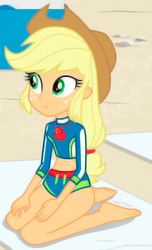 Size: 1150x1886 | Tagged: safe, edit, edited screencap, screencap, applejack, equestria girls, g4, barefoot, beach, beach shorts swimsuit, cute, feet, female, fetish, foot fetish, hat, jackabetes, sexy, soles, solo, towel