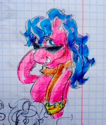 Size: 3120x3659 | Tagged: safe, artist:chervachok, melody, earth pony, pony, g1, my little pony tales, bipedal, bracelet, clothes, female, filly, foal, graph paper, jewelry, photo, scarf, smiling, solo, sunglasses, traditional art