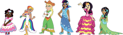 Size: 5668x1639 | Tagged: safe, artist:prixy05, applejack, fluttershy, pinkie pie, rainbow dash, rarity, twilight sparkle, human, g4, clothes, dark skin, dress, female, flower, flower in hair, freckles, gala dress, glasses, hand on hip, human coloration, humanized, light skin, mane six, natural hair color, open mouth, open smile, simple background, smiling, standing, standing on one leg, tan skin, tell your tale style, transparent background, vector, vitiligo