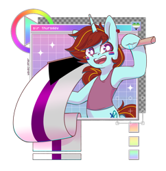 Size: 2328x2403 | Tagged: safe, artist:wavecipher, oc, oc only, oc:exodust, pony, unicorn, aromantic pride flag, bisexual pride flag, clothes, commission, demisexual pride flag, ear piercing, eyebrows, eyebrows visible through hair, grid, high res, horn, looking at you, male, piercing, pride, pride flag, red hair, signature, simple background, smiling, smiling at you, solo, sparkles, stallion, striped mane, striped tail, tail, transparent background, unicorn oc, ych result