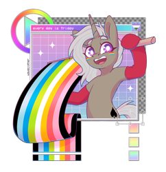 Size: 2328x2403 | Tagged: safe, artist:wavecipher, oc, oc only, oc:friday (exodust), pony, unicorn, clothes, commission, genderqueer pride flag, grid, high res, horn, looking at you, male, pansexual pride flag, pride, pride flag, queer pride flag, signature, simple background, smiling, smiling at you, socks, solo, sparkles, stallion, transparent background, unicorn oc, ych result