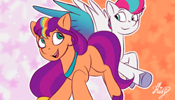 Size: 1600x920 | Tagged: safe, artist:shiny-mc, sunny starscout, zipp storm, earth pony, pegasus, pony, g5, abstract background, bag, colored wings, duo, duo female, female, looking at each other, looking at someone, mane stripe sunny, mare, multicolored wings, open mouth, open smile, saddle bag, smiling, spread wings, wings