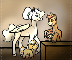 Size: 2000x1660 | Tagged: safe, artist:manticorpse, oc, oc only, oc:lemon cheesecake, oc:poppy seed, oc:pumkin bread, oc:vanilla icecream, pegasus, pony, family, foal, parent