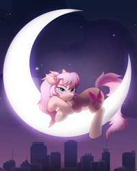 Size: 1280x1593 | Tagged: safe, artist:jekeita, oc, oc only, oc:bijou butterfly, earth pony, pony, city, cityscape, looking at you, moon, night, night sky, sky, smiling, smiling at you, solo, stars, tangible heavenly object