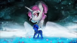 Size: 1280x720 | Tagged: safe, artist:jekeita, princess celestia, princess luna, alicorn, pony, g4, ambient.white, lake, staring at you, sword, water, weapon, young celestia, young luna