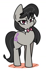 Size: 1205x1862 | Tagged: safe, artist:kindakismet, octavia melody, earth pony, pony, g4, bangs, bowtie, colored eyebrows, eyebrows, eyebrows visible through hair, eyelashes, female, floor, frown, looking at you, looking up, looking up at you, mare, narrowed eyes, octavia is not amused, octavia's bowtie, simple background, solo, standing, unamused, white background, wrong eye color