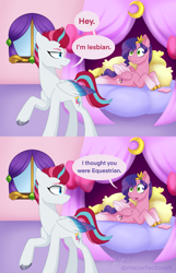 Size: 1319x2048 | Tagged: safe, artist:meowfactor, pipp petals, zipp storm, pegasus, pony, g5, 2 panel comic, bed, colored wings, comic, crown, dialogue, duo, duo female, eye clipping through hair, eyebrows, eyebrows visible through hair, female, folded wings, jewelry, looking at each other, looking at someone, mare, multicolored wings, open mouth, phone, raised hoof, regalia, royal sisters (g5), siblings, sisters, speech bubble, unshorn fetlocks, window, wings