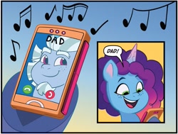 Size: 993x750 | Tagged: safe, artist:abby bulmer, idw, alphabittle blossomforth, misty brightdawn, pony, unicorn, g5, maretime mysteries #1, my little pony: maretime mysteries, spoiler:comic, spoiler:g5comic, cellphone, dad, dialogue, duo, duo male and female, father and child, father and daughter, female, gradient background, hoof heart, hoof hold, horn, male, mare, music notes, phone, rebirth misty, smartphone, speech bubble, stallion, underhoof