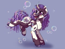 Size: 1080x814 | Tagged: safe, artist:axezeeplushie, violette rainbow, pony, unicorn, g5, curved horn, dreadlocks, female, filly, foal, horn, on front legs, open mouth, open smile, raised leg, smiling, solo, sparkly eyes, tail, unshorn fetlocks, vitiligo, wingding eyes