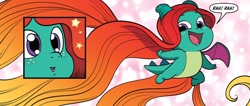 Size: 1334x568 | Tagged: safe, artist:abby bulmer, idw, sparky sparkeroni, dragon, g5, my little pony: mane event, spoiler:comic, spoiler:g5comic, baby, baby dragon, dialogue, long hair, male, solo, speech bubble, very long hair