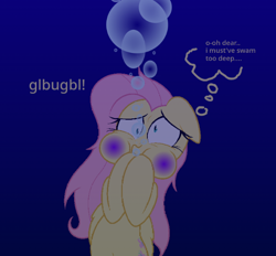 Size: 596x553 | Tagged: safe, artist:willieboy04, fluttershy, pegasus, pony, g4, air bubble, asphyxiation, bubble, drowning, female, holding breath, ocean, puffy cheeks, solo, thought bubble, underwater, water