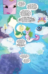 Size: 750x1152 | Tagged: safe, artist:amy mebberson, idw, princess anemone, queen calla lily, seapony (g4), g5, my little pony: set your sail, set your sail #2, spoiler:comic, spoiler:g5comic, bubble, clothes, coral, crown, dialogue, dorsal fin, duo, duo female, female, fin, fin wings, fins, fish tail, flowing mane, flowing tail, gem, horn, jewelry, looking at each other, looking at someone, lore, map, ocean, open mouth, pearl, regalia, scales, seaweed, siblings, sisters, speech bubble, stars, swimming, tail, talking, throne, underwater, water, wings
