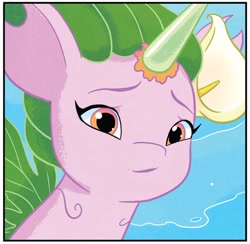 Size: 750x732 | Tagged: safe, artist:amy mebberson, idw, official comic, princess anemone, seapony (g4), g5, my little pony: set your sail, set your sail #2, spoiler:comic, spoiler:g5comic, bubble, bust, female, fin wings, fins, floppy ears, flower, flower in hair, flowing mane, horn, ocean, orange eyes, portrait, scales, sea pony (g5), solo, swimming, underwater, water, wings