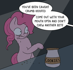 Size: 1405x1350 | Tagged: safe, artist:doodledonutart, pinkie pie, earth pony, pony, g4, atg 2024, bipedal, caught, cookie, cookie jar, crumbs, female, food, frown, mare, newbie artist training grounds, solo, spotlight