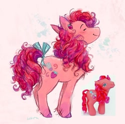 Size: 1172x1161 | Tagged: safe, artist:lutraviolet, pepperberry, earth pony, pony, g3, abstract background, blue bow, blushing, bow, colored, colored hooves, curly mane, curly tail, dot eyes, ear piercing, earring, female, gradient legs, hooves, jewelry, looking at you, looking back, looking back at you, mare, not pinkie pie, piercing, pink coat, pink mane, pink tail, profile, purple hooves, shiny hooves, shiny mane, shiny tail, signature, smiling, solo, standing, tail, tail bow, tied tail, toy interpretation, two toned mane, two toned tail, unshorn fetlocks