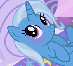 Size: 1335x1220 | Tagged: safe, artist:cstrawberrymilk, trixie, pony, unicorn, g4, bed, blushing, cute, desk lamp, diatrixes, female, horn, looking at you, mare, solo