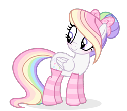 Size: 1390x1220 | Tagged: safe, artist:cstrawberrymilk, oc, oc only, oc:rainbow heart (cstrawberrymilk), pegasus, pony, g4, blushing, bow, clothes, female, folded wings, hair bow, mare, simple background, smiling, socks, solo, striped socks, transparent background, wings