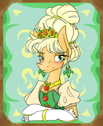 Size: 1186x1450 | Tagged: safe, artist:destiny_manticor, applejack, earth pony, pony, g4, abstract background, apple, beehive hairdo, blonde hair, blushing, bust, closed mouth, clothes, corset, diadem, dress, ear piercing, earring, eyeshadow, food, gemstones, gloves, green eyes, green lipstick, jewelry, leaf, lidded eyes, lipstick, makeup, piercing, regalia, request, smiling, solo, victorian