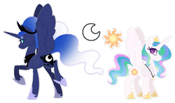 Size: 640x380 | Tagged: safe, artist:xxanimatorixx, princess celestia, princess luna, alicorn, pony, g4, age swap, alternate design, alternate universe, crown, duo, duo female, ethereal mane, eyeshadow, female, gauntlet, gradient mane, height difference, jewelry, lidded eyes, makeup, necklace, raised hoof, regalia, role reversal, royal sisters, sibling swap, siblings, simple background, sisters, smiling, spread wings, talluna, transparent background, ultimate luna, wings