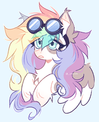 Size: 700x856 | Tagged: safe, artist:_simosha, oc, oc only, pegasus, pony, blue background, eye clipping through hair, goggles, goggles on head, pegasus oc, signature, simple background, solo