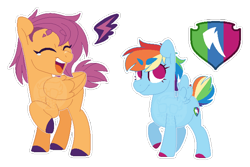 Size: 640x427 | Tagged: safe, artist:xxanimatorixx, rainbow dash, scootaloo, pegasus, pony, g4, age swap, alternate cutie mark, alternate design, alternate universe, colored hooves, duo, duo female, eyes closed, female, filly, filly rainbow dash, foal, folded wings, hooves, mare, older, older scootaloo, open mouth, raised hoof, role reversal, sibling swap, simple background, smiling, smirk, spread wings, transparent background, wings, younger