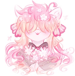 Size: 1030x1055 | Tagged: oc name needed, safe, artist:melodylibris, oc, oc only, pony, bangs, blush lines, blushing, bowtie, bust, cherry blossoms, flower, flower blossom, gradient mane, hair accessory, hair over eyes, heart ears, long mane, mane accessory, multicolored mane, open mouth, open smile, pigtails, pink coat, raised hooves, simple background, smiling, sparkly mane, twintails, white background