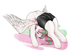 Size: 2000x1476 | Tagged: safe, alternate version, artist:pepperoach, blossomforth, pegasus, pony, g4, backbend, cameltoe, clothes, contortionist, female, flexible, mare, monochrome, pants, solo, tail, that pony sure is flexible, yoga pants