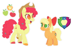 Size: 640x422 | Tagged: safe, artist:xxanimatorixx, apple bloom, applejack, earth pony, pony, g4, age swap, alternate cutie mark, alternate design, alternate universe, apple bloom's bow, applejack's hat, bow, colored hooves, cowboy hat, duo, duo female, female, filly, filly applejack, foal, freckles, hair bow, hairband, hat, hooves, older, older apple bloom, open mouth, role reversal, sibling swap, siblings, simple background, sisters, smiling, transparent background, younger