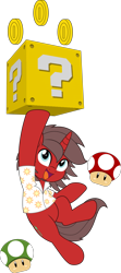 Size: 2214x5000 | Tagged: safe, artist:jhayarr23, oc, oc only, oc:ironyoshi, unicorn, ? block, clothes, coin, commission, horn, jumping, mushroom, shirt, simple background, solo, super mario bros., transparent background, ych result