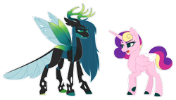 Size: 640x364 | Tagged: safe, artist:xxanimatorixx, princess cadance, queen chrysalis, alicorn, changeling, changeling queen, pony, g4, alternate design, alternate universe, colored hooves, colored wings, disguise, disguised changeling, fake cadance, female, folded wings, hooves, lidded eyes, open mouth, raised hoof, role reversal, sibling swap, simple background, spread wings, transparent background, wings