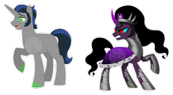 Size: 640x352 | Tagged: safe, artist:xxanimatorixx, king sombra, radiant hope, pony, unicorn, g4, alternate design, alternate universe, armor, cape, clothes, colored hooves, crown, duo, duo male and female, ethereal mane, female, hooves, horn, jewelry, male, open mouth, raised hoof, red eyes, regalia, role reversal, simple background, transparent background