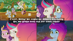 Size: 2560x1440 | Tagged: safe, edit, edited screencap, screencap, alphabittle blossomforth, cloudpuff, misty brightdawn, pipp petals, queen haven, zipp storm, pegasus, pony, unicorn, g5, my little pony: tell your tale, swing and a misty, spoiler:g5, spoiler:my little pony: tell your tale, spoiler:tyts02e14, camping, crying, day, family, female, field trip, heartwarming, horn, hud, mud, muddy pipp, night, rebirth misty, royal sisters (g5), siblings, sisters, step-sisters, tears of joy, text edit