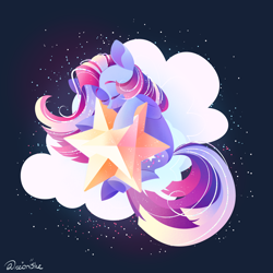 Size: 4500x4500 | Tagged: safe, artist:neonishe, star swirl, earth pony, pony, g4, blue background, cloud, dark background, eyes closed, female, mare, on a cloud, simple background, sleeping, sleeping on a cloud, solo, stars, tinsel