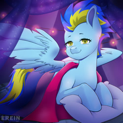 Size: 2000x2000 | Tagged: safe, alternate character, alternate version, artist:erein, oc, oc only, oc:slipstream, pegasus, pony, bedroom, bisexual, bisexual pride flag, blue fur, commission, ears up, female, flag, garland, high res, indoors, lgbt, looking at you, multicolored hair, multicolored tail, night, pegasus oc, pillow, pride, pride flag, pride month, room, smiling, smiling at you, solo, spread wings, string lights, tail, wings, ych result