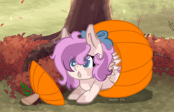 Size: 1200x771 | Tagged: safe, artist:amilie pie, oc, oc only, oc:chai leche, pegasus, :o, bow, complex background, cute, female, filly, flop, foal, leaves, messy mane, open mouth, pumpkin, solo, tree