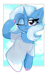 Size: 2000x3000 | Tagged: safe, artist:jubyskylines, trixie, pony, unicorn, g4, ;p, chest fluff, clothes, colored hooves, female, hooves, horn, mare, one eye closed, passepartout, shirt, solo, tongue out